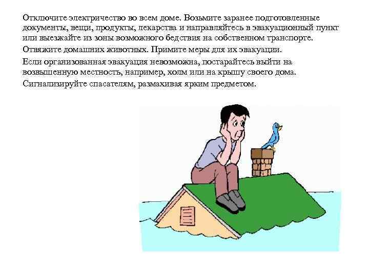 Отключите электричество во всем доме. Возьмите заранее подготовленные документы, вещи, продукты, лекарства и направляйтесь