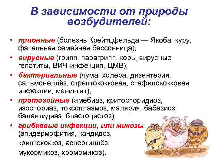В зависимости от природы возбудителей: • прионные (болезнь Крейтцфельда — Якоба, куру, фатальная семейная