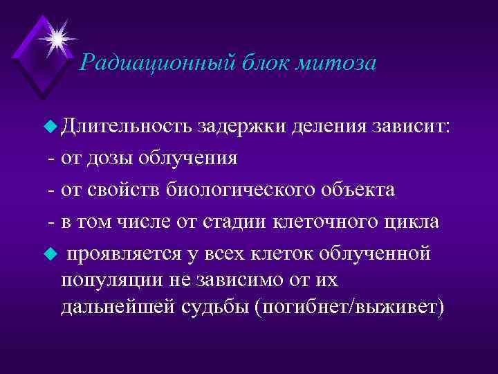 Радиационный блок митоза u Длительность задержки деления зависит: - от дозы облучения - от