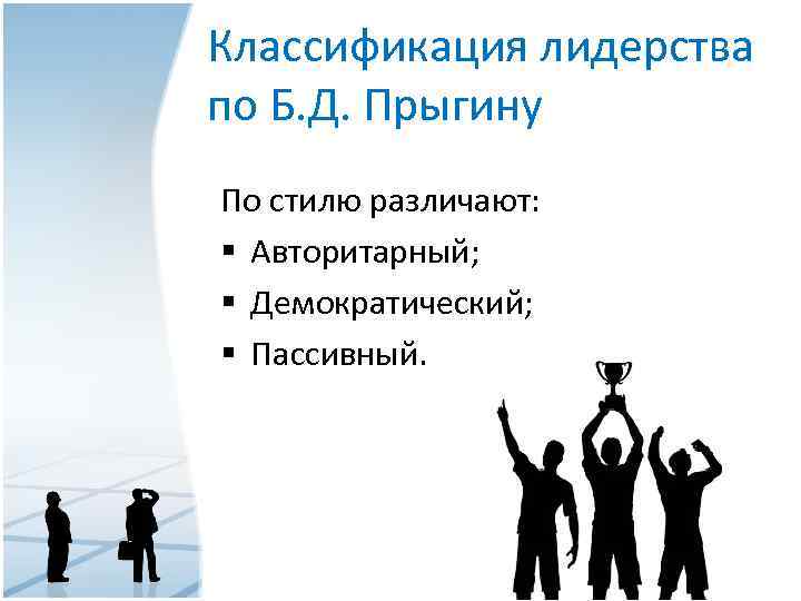 Классификация лидерства по Б. Д. Прыгину По стилю различают: § Авторитарный; § Демократический; §