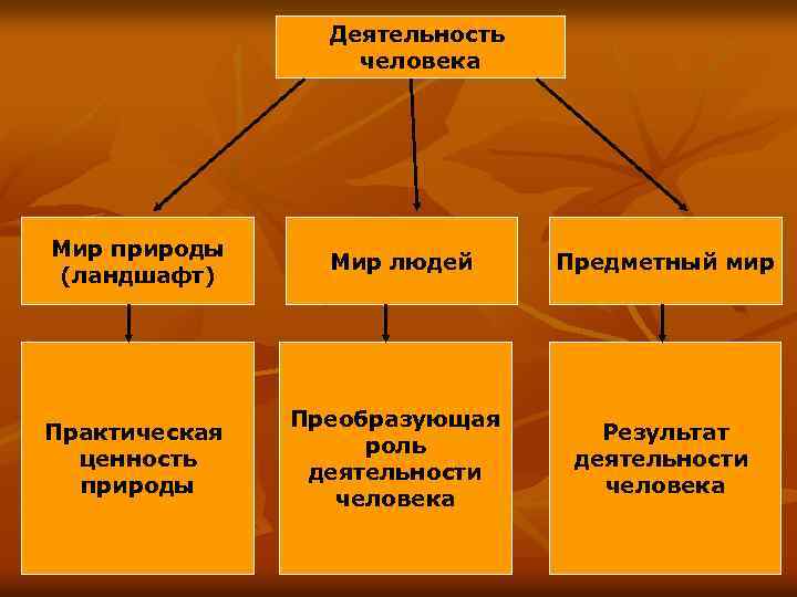 Деятельность человека Мир природы (ландшафт) Мир людей Предметный мир Практическая ценность природы Преобразующая роль
