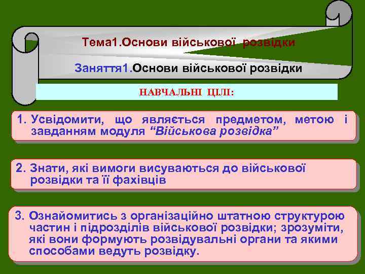 Тема 1. Основи військової розвідки Заняття 1. Основи військової розвідки НАВЧАЛЬНІ ЦІЛІ: 1. Усвідомити,