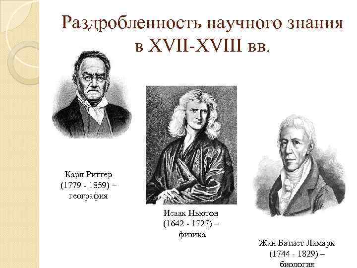 Раздробленность научного знания в XVII-XVIII вв. Карл Риттер (1779 - 1859) – география Исаак