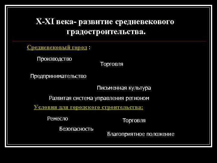 X-XI века- развитие средневекового градостроительства. Средневековый город : Производство Торговля Предпринимательство Письменная культура Развитая