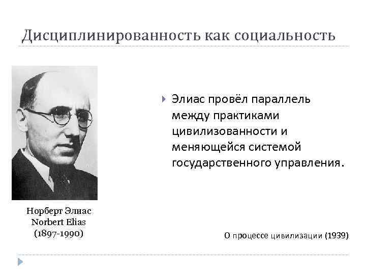Дисциплинированность как социальность Норберт Элиас Norbert Elias (1897 -1990) Элиас провёл параллель между практиками