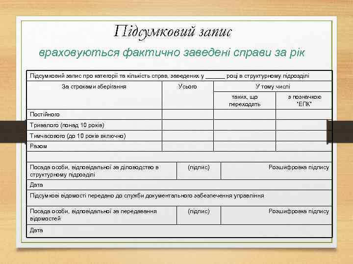 Підсумковий запис враховуються фактично заведені справи за рік Підсумковий запис про категорії та кількість