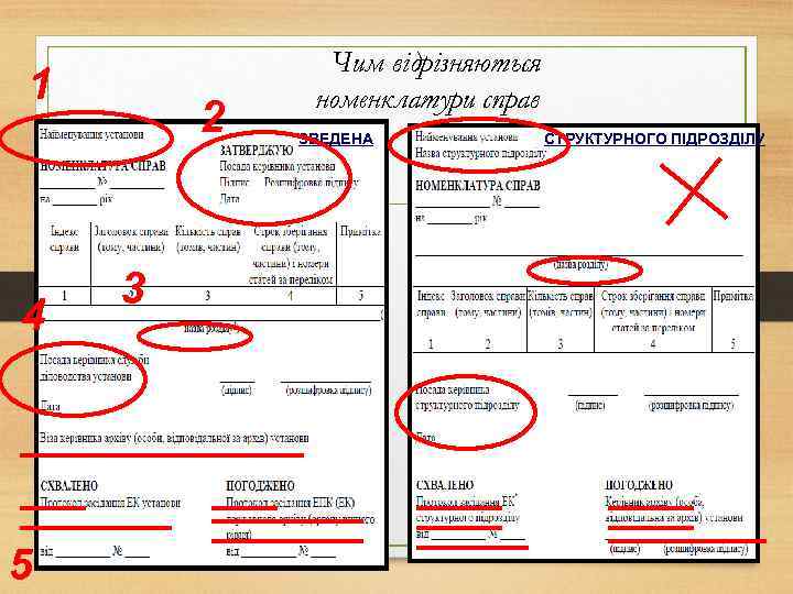 1 4 5 2 3 Чим відрізняються номенклатури справ ЗВЕДЕНА СТРУКТУРНОГО ПІДРОЗДІЛУ 