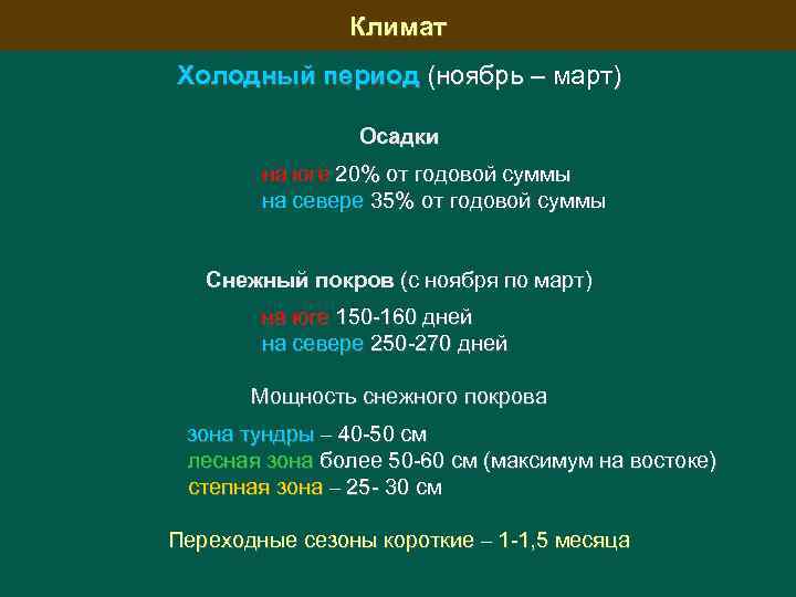 Климат Холодный период (ноябрь – март) Осадки на юге 20% от годовой суммы на