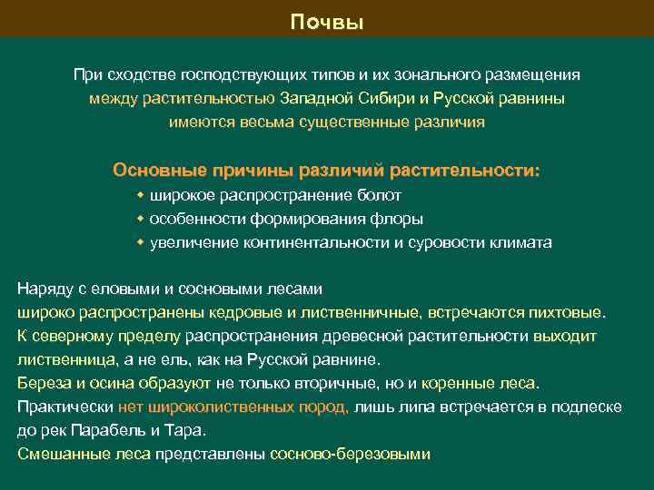 Почвы При сходстве господствующих типов и их зонального размещения между растительностью Западной Сибири и