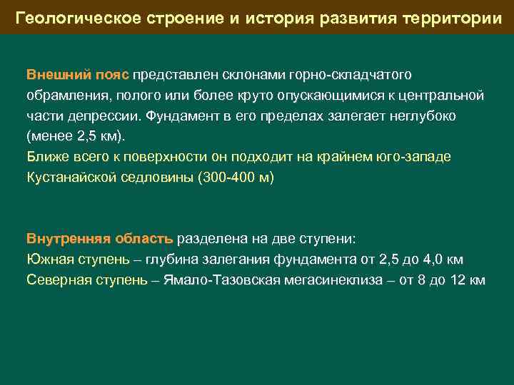Геологическое строение и история развития территории Внешний пояс представлен склонами горно складчатого обрамления, полого