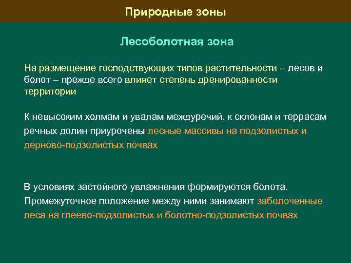 Природные зоны Лесоболотная зона На размещение господствующих типов растительности – лесов и болот –