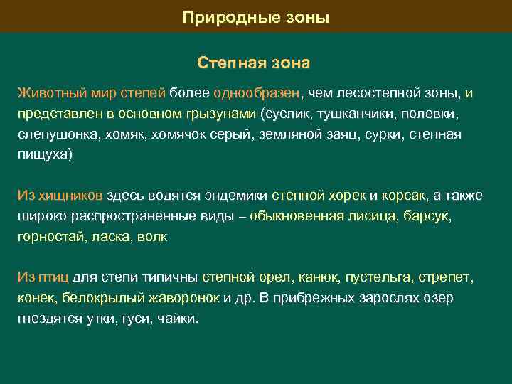 Природные зоны Степная зона Животный мир степей более однообразен, чем лесостепной зоны, и представлен