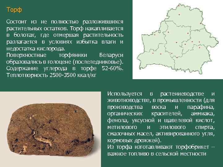 Торф Состоит из не полностью разложившихся растительных остатков. Торф накапливается в болотах, где отмершая