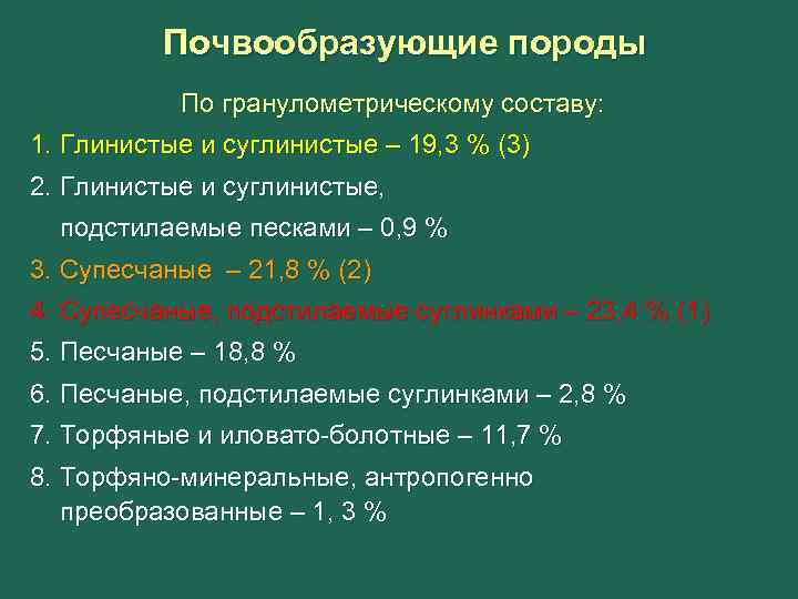 Почвообразующие породы По гранулометрическому составу: 1. Глинистые и суглинистые – 19, 3 % (3)