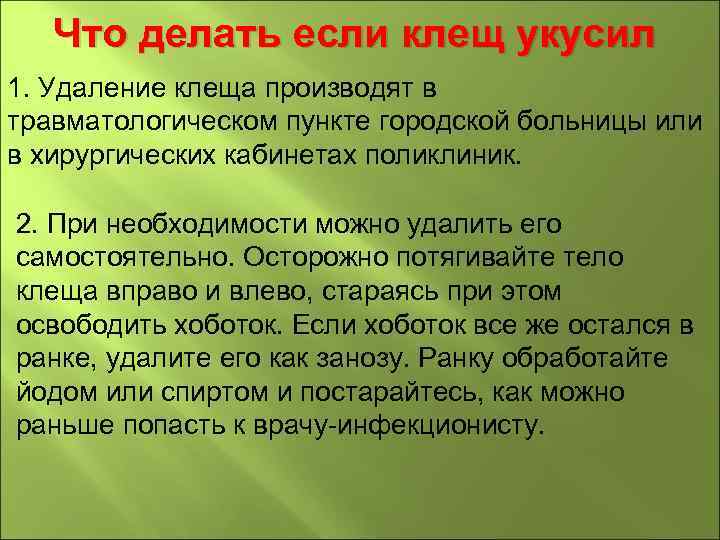 Что делать если клещ укусил 1. Удаление клеща производят в травматологическом пункте городской больницы