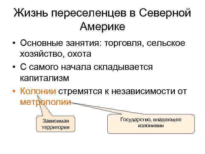 Жизнь переселенцев в Северной Америке • Основные занятия: торговля, сельское хозяйство, охота • С