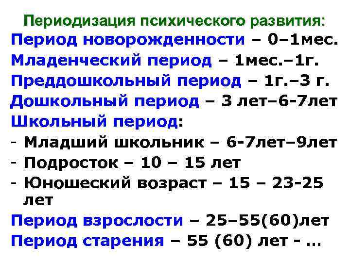 Периодизация психического развития: Период новорожденности – 0– 1 мес. Младенческий период – 1 мес.