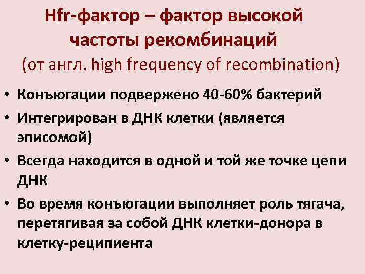 Hfr-фактор – фактор высокой частоты рекомбинаций (от англ. high frequency of recombination) • Конъюгации