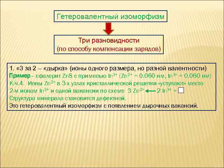 Гетеровалентный изоморфизм Три разновидности (по способу компенсации зарядов) 1. « 3 за 2 –