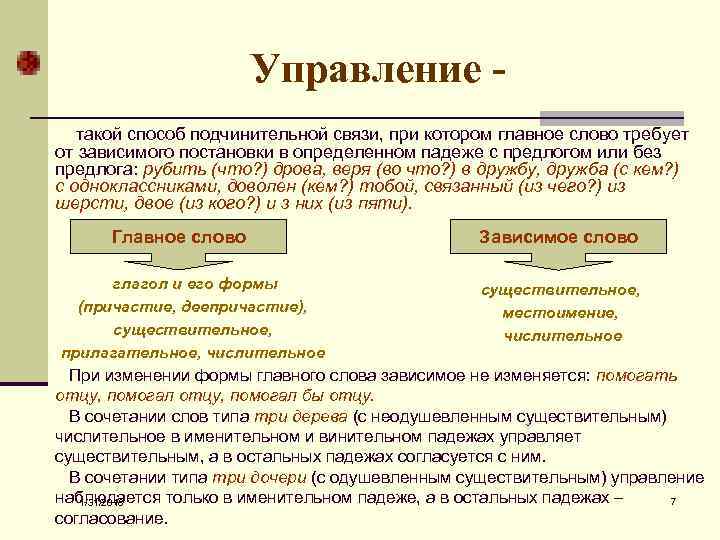 Управление такой способ подчинительной связи, при котором главное слово требует от зависимого постановки в