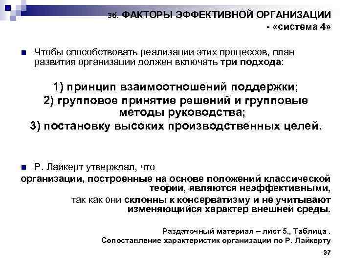 3 б. n ФАКТОРЫ ЭФФЕКТИВНОЙ ОРГАНИЗАЦИИ «система 4» Чтобы способствовать реализации этих процессов, план