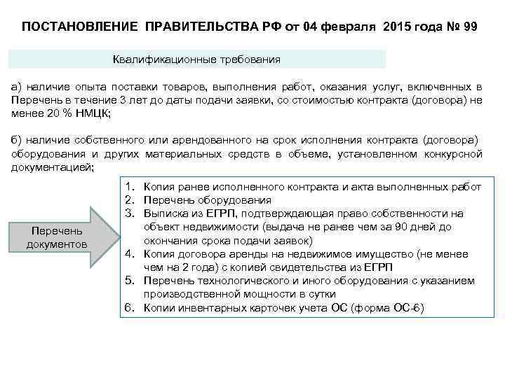 ПОСТАНОВЛЕНИЕ ПРАВИТЕЛЬСТВА РФ от 04 февраля 2015 года № 99 Квалификационные требования а) наличие