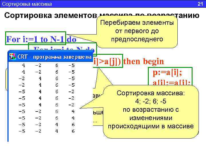 Сортировка массива 21 Сортировка элементов массива по возрастанию Перебираем элементы от первого до предпоследнего
