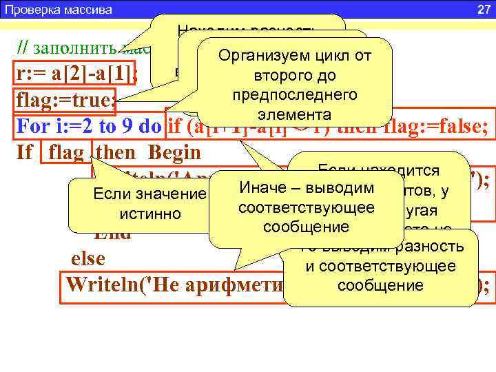 Проверка массива 27 Находим разность Дан массив из 10 целых, положительных не Предполагаем, что