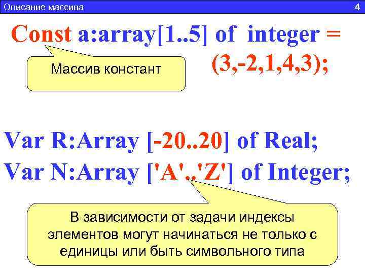 Описание массива 4 Сonst a: array[1. . 5] of integer = (3, 2, 1,