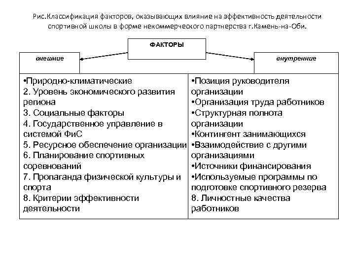 Рис. Классификация факторов, оказывающих влияние на эффективность деятельности спортивной школы в форме некоммерческого партнерства