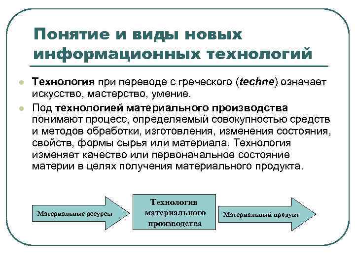 Понятие и виды новых информационных технологий l l Технология при переводе с греческого (techne)