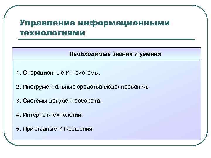 Управление информационными технологиями Необходимые знания и умения 1. Операционные ИТ-системы. 2. Инструментальные средства моделирования.