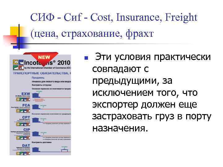 СИФ - Сиf - Cost, Insurance, Freight (цена, страхование, фрахт n Эти условия практически