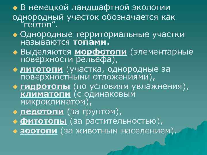 u В немецкой ландшафтной экологии однородный участок обозначается как  ”геотоп”. u Однородные территориальные