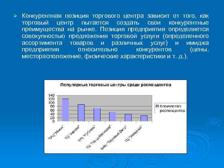Ø Конкурентная позиция торгового центра зависит от того, как торговый центр пытается создать свои
