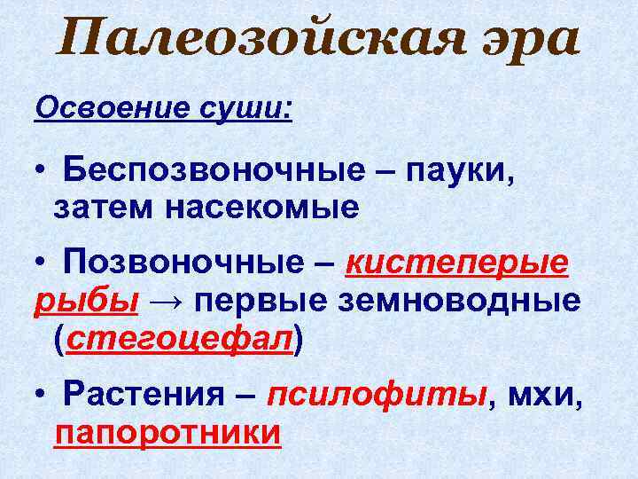 Палеозойская эра Освоение суши: • Беспозвоночные – пауки, затем насекомые • Позвоночные – кистеперые