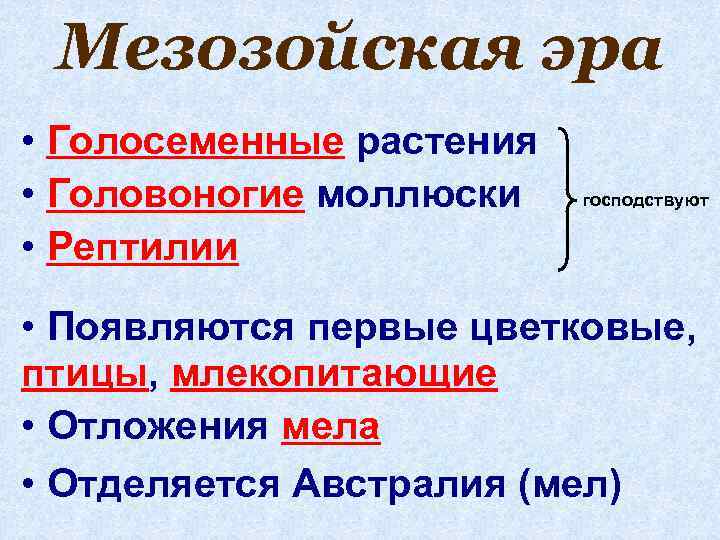 Мезозойская эра • Голосеменные растения • Головоногие моллюски • Рептилии господствуют • Появляются первые