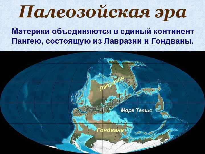 Палеозойская эра Материки объединяются в единый континент Пангею, состоящую из Лавразии и Гондваны. р