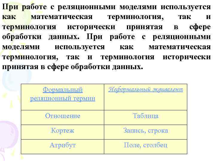 При работе с реляционными моделями используется как математическая терминология, так и терминология исторически принятая