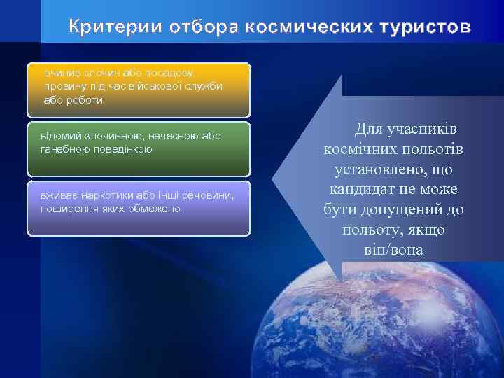 Критерии отбора космических туристов вчинив злочин або посадову провину під час військової служби або