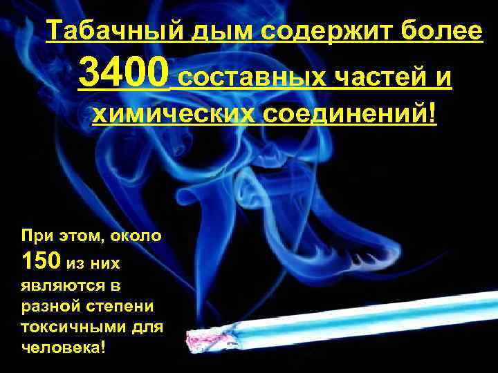 Табачный дым содержит более 3400 составных частей и химических соединений! При этом, около 150