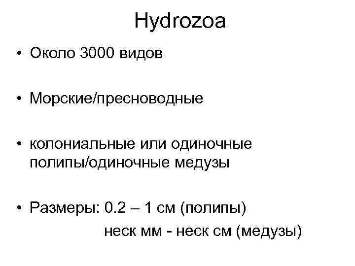 Hydrozoa • Около 3000 видов • Морские/пресноводные • колониальные или одиночные полипы/одиночные медузы •