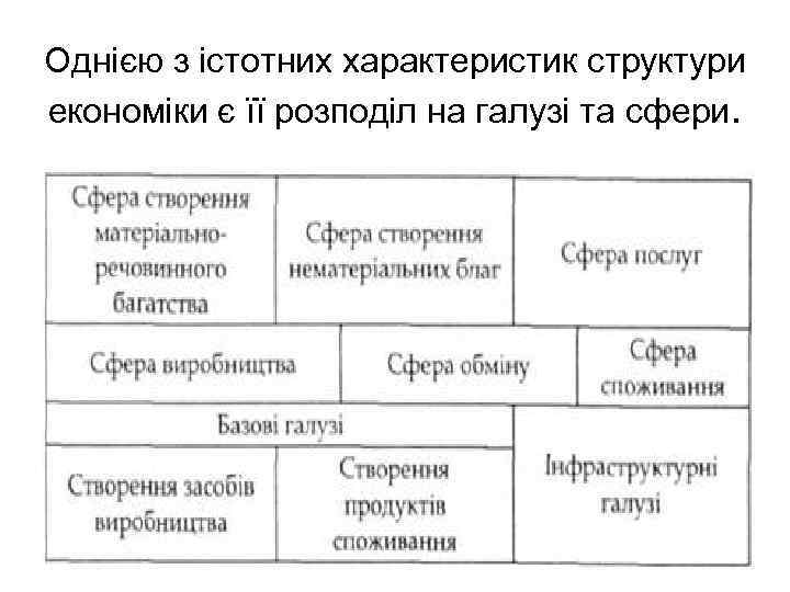 Однією з істотних характеристик структури економіки є її розподіл на галузі та сфери. 