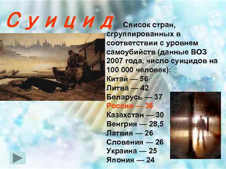 Суицид Список стран, сгруппированных в соответствии с уровнем самоубийств (данные ВОЗ 2007 года, число