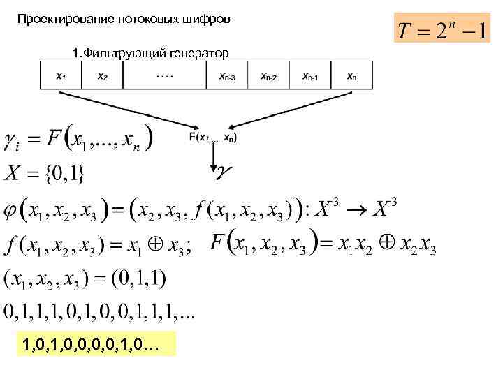 Проектирование потоковых шифров 1. Фильтрующий генератор 1, 0, 0, 1, 0… 