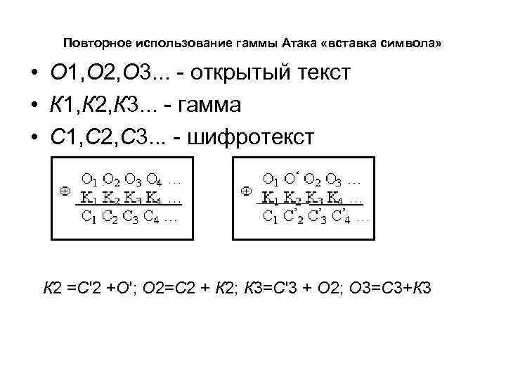 Повторное использование гаммы Атака «вставка символа» • O 1, O 2, O 3. .