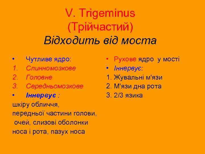 V. Trigeminus (Трійчастий) Відходить від моста • Чутливе ядро: 1. Спинномозкове 2. Головне 3.