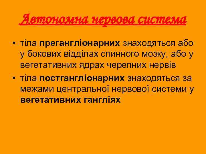 Автономна нервова система • тіла прегангліонарних знаходяться або у бокових відділах спинного мозку, або