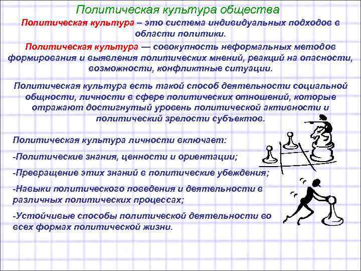 Политическая культура общества Политическая культура – это система индивидуальных подходов в области политики. Политическая
