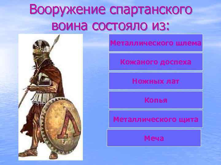 Вооружение спартанского воина состояло из: Металлического шлема Кожаного доспеха Ножных лат Копья Металлического щита